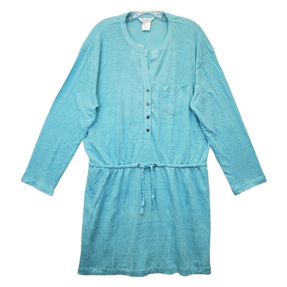 THE COMPANY STORE Shirt Dress L Blue Linen  Henley NWT - Picture 1 of 13